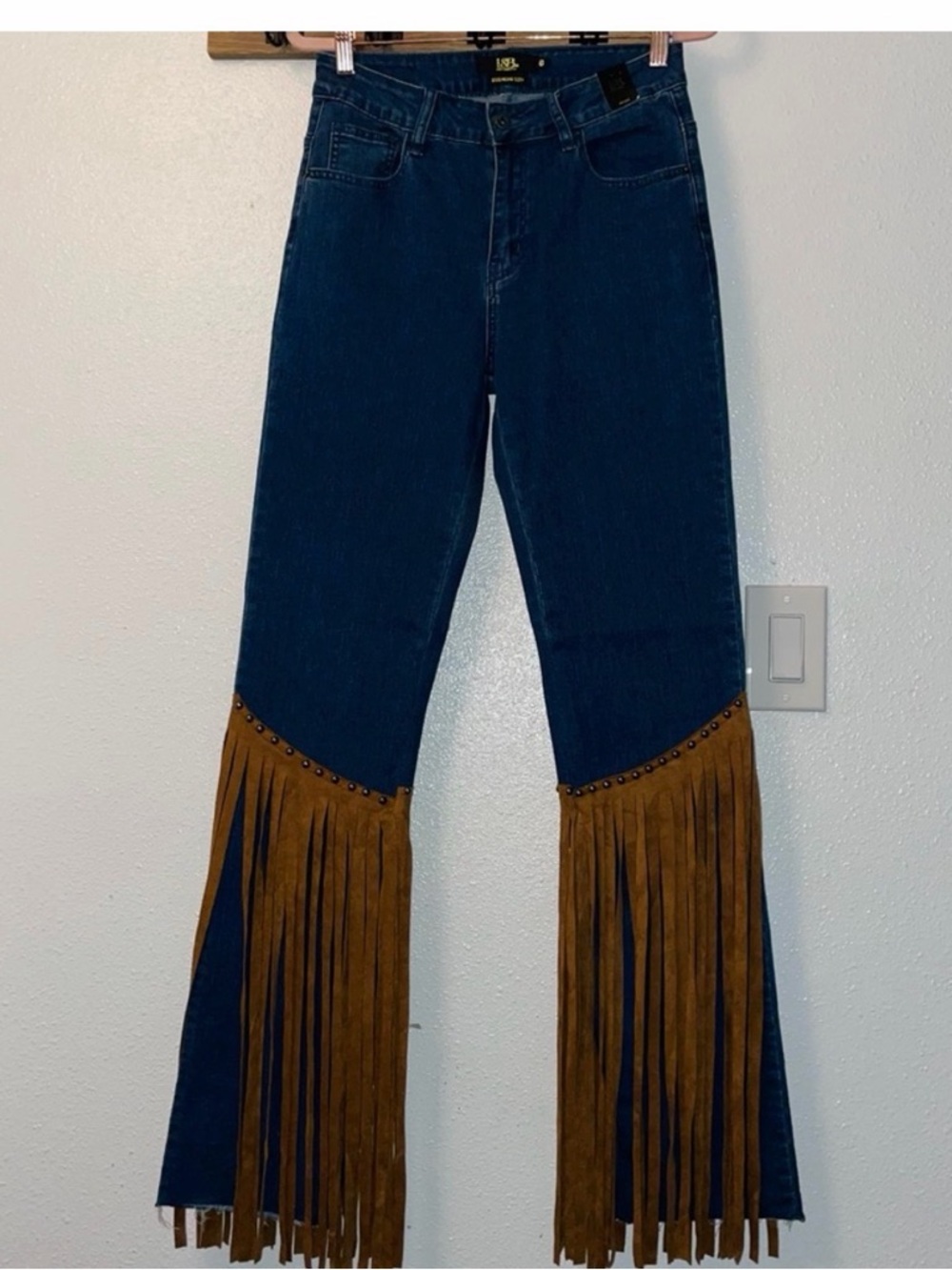 Fringed Wide-Leg Women's Jeans – Blue with Brown Suede Fringe